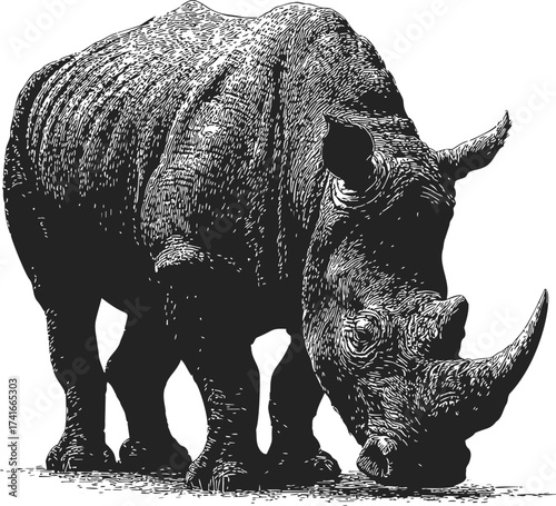 Rhinoceros sketch, hand drawn vector, detailed side view of grazing wild animal — stock vector