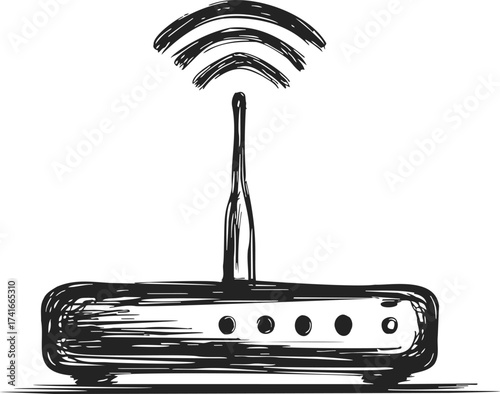 Wireless router sketch hand drawn with antenna and wifi signal icon — stock vector