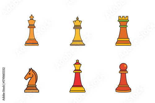 Colorful Chess Pieces Vector Illustration with King Queen Rook Knight and Pawn