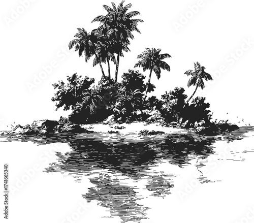 Tropical island hand drawn sketch with palm trees water reflection — stock vector
