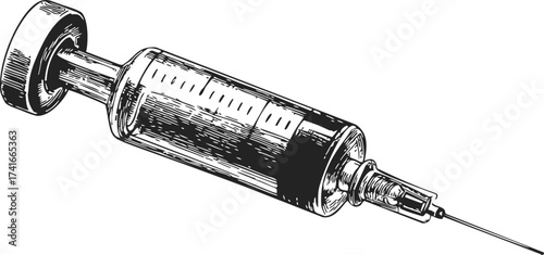 Syringe sketch hand drawn vintage medical tool with detailed shading — stock vector