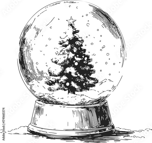 Christmas snow globe sketch, hand drawn style with decorated tree and falling snow — stock vector