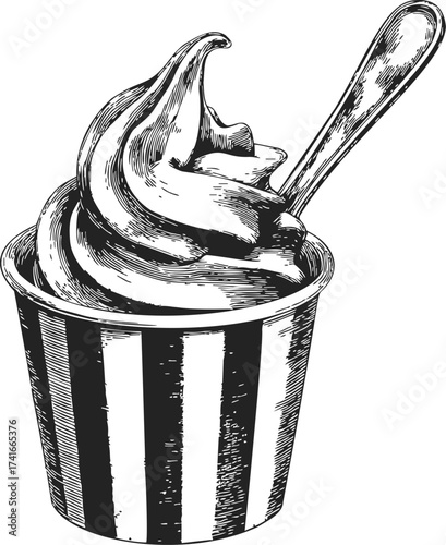 Soft serve ice cream sketch in striped cup with spoon — stock vector