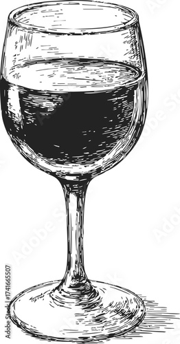 Wine glass sketch hand drawn with red wine detailed engraving style — stock vector