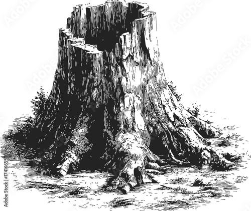 Tree stump sketch, hand drawn old weathered trunk with roots and rough bark — stock vector