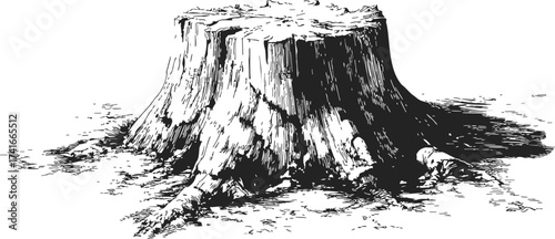 Tree stump sketch, hand drawn style, detailed roots and textured bark — stock vector