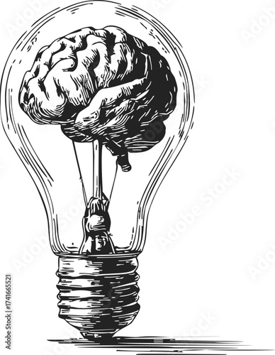 Brain inside light bulb sketch, hand drawn creative idea concept — stock vector