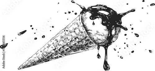 Ice cream cone sketch with melting chocolate splash — stock vector