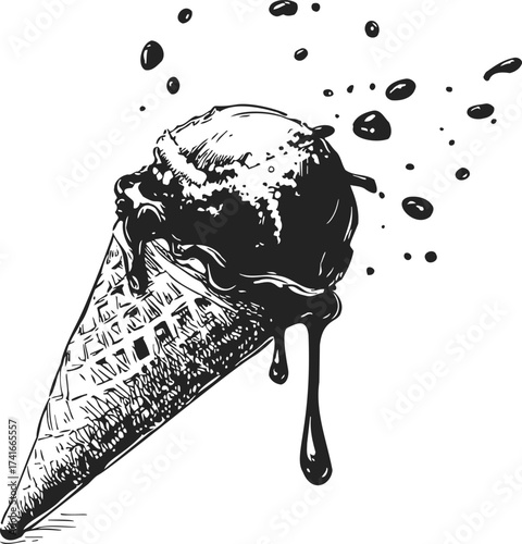 Ice cream cone sketch hand drawn with melting scoop and splashes — stock vector