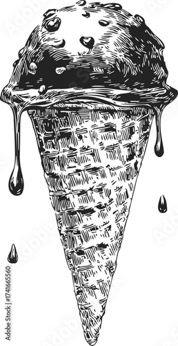 Ice cream cone sketch hand drawn with melting scoop and waffle texture — stock vector