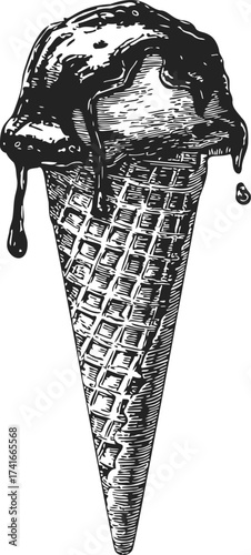 Ice cream cone sketch hand drawn with melting scoop and waffle texture — stock vector