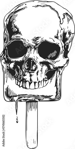 Skull popsicle sketch, hand drawn vector, melting creepy Halloween treat — stock vector