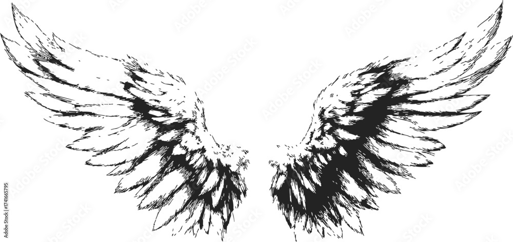 Obraz premium Angel wings sketch hand drawn feathered wings symmetrical black and white — stock vector