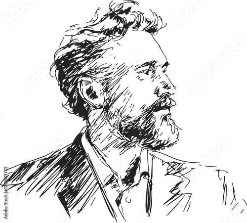 Man sketch hand drawn portrait in profile with beard and messy hair — stock vector