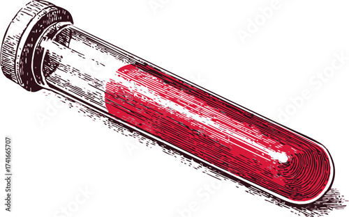 Blood collection tube sketch, hand drawn style, filled with blood sample — stock vector
