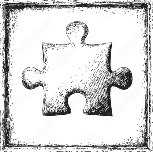 Puzzle piece sketch hand drawn in vintage frame, isolated on white — stock vector