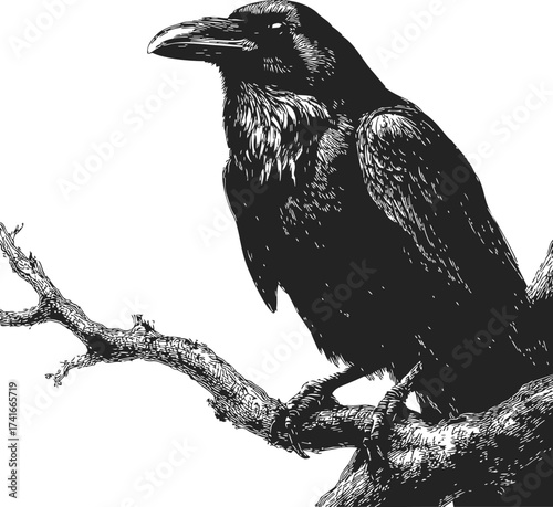 Raven sketch hand drawn perched on tree branch black and white — stock vector