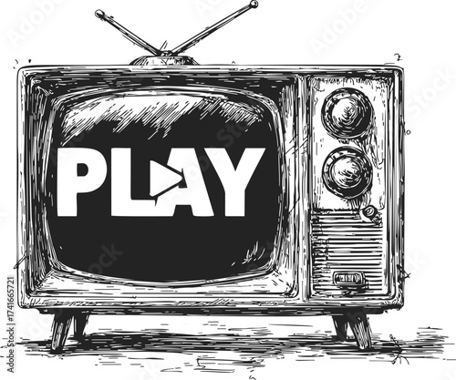 Vintage television sketch hand drawn with play text on screen — stock vector
