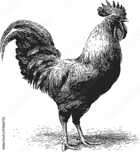 Rooster sketch hand drawn black and white detailed farm bird illustration — stock vector