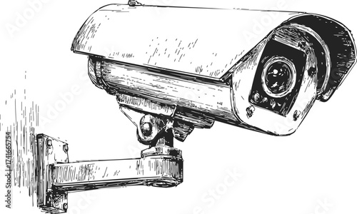 Security camera sketch, hand drawn style, mounted surveillance device on wall — stock vector