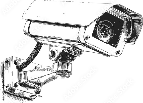 Security camera sketch, hand drawn vector, mounted surveillance device on wall — stock vector