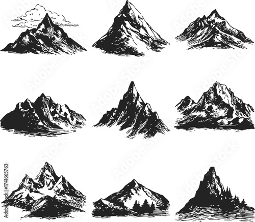 Mountain peaks sketch, hand drawn vector set of rugged alpine silhouettes — stock vector