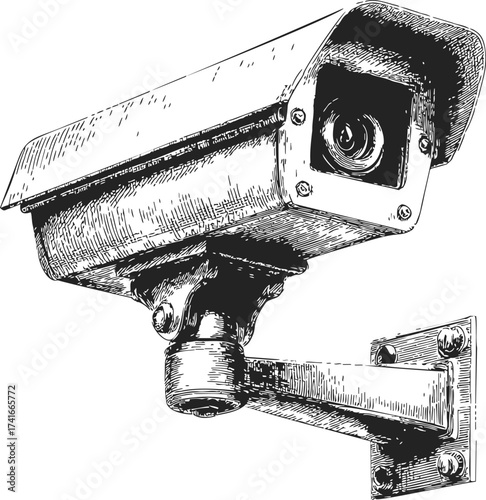 Security camera sketch, hand drawn vector, detailed surveillance device on wall — stock vector
