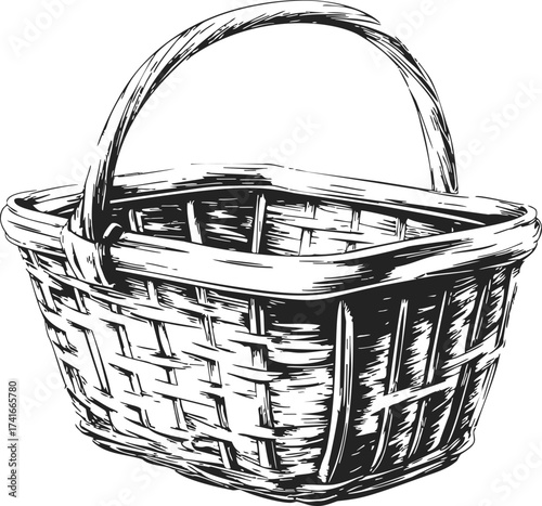 Wicker basket sketch, hand drawn style with handle and woven texture — stock vector