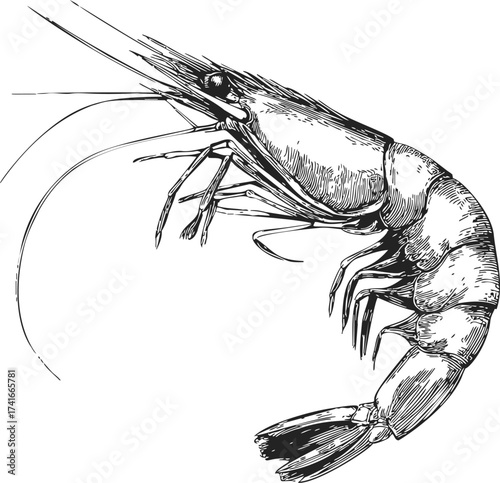 Shrimp sketch hand drawn detailed crustacean isolated on white — stock vector