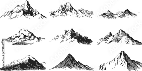 Mountains sketch hand drawn set, black and white rugged peaks, isolated on white — stock vector