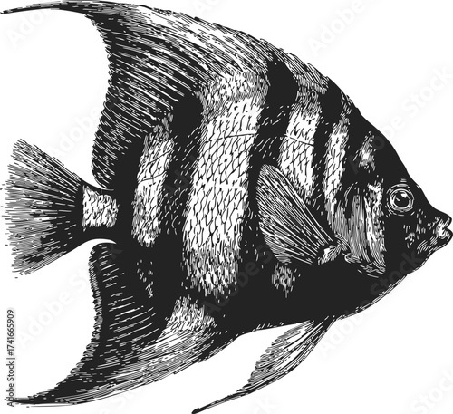Angelfish sketch hand drawn black and white detailed side view — stock vector
