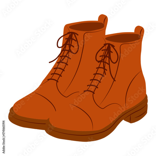 Autumn leather boot. Hiking or work boot in warm leather. Perfect for fall fashion, travel, adventure, and outdoor theme