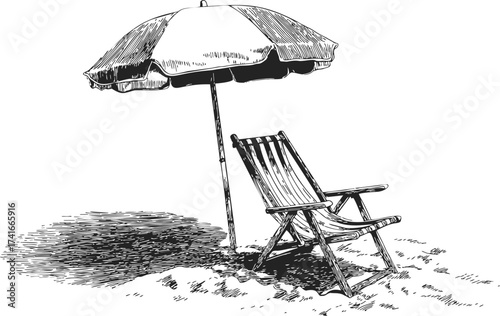 Beach chair sketch, hand drawn style with umbrella on sand, shaded summer scene — stock vector