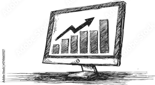 Computer monitor sketch showing bar chart with upward arrow, hand drawn style — stock vector
