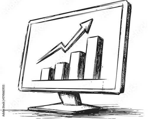 Monitor with bar chart and upward arrow, sketch hand drawn style, business growth concept — stock vector