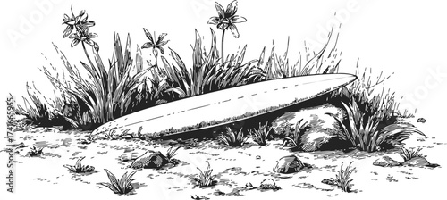 Surfboard sketch hand drawn with grass and wildflowers outdoor scene — stock vector