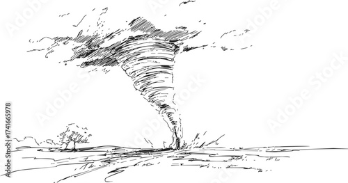 Tornado sketch hand drawn landscape with swirling funnel cloud and rural field — stock vector