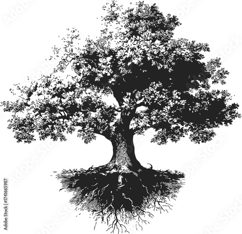 Tree sketch hand drawn with roots detailed black and white illustration — stock vector