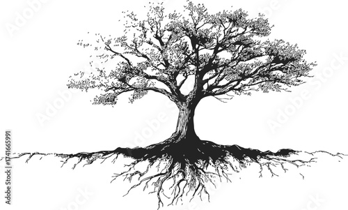Tree with exposed roots sketch, hand drawn detailed branches and foliage — stock vector