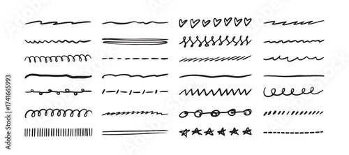Hand Drawn Line doodle Set Black. Drawing border collection