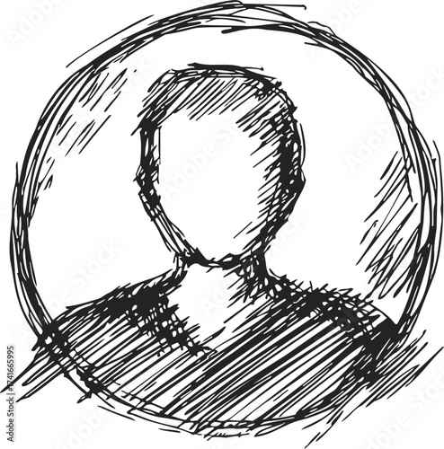 Person silhouette sketch hand drawn in rough scribble style inside circular frame — stock vector