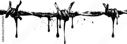 Barbed wire vector with dripping liquid, grunge style black and white — stock vector