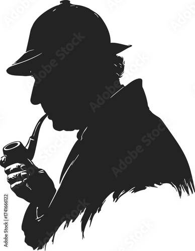Sherlock Holmes silhouette vector, classic detective with pipe and deerstalker hat — stock vector