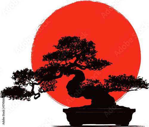 Bonsai tree vector silhouette with red sun background — stock vector