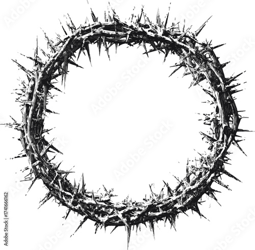 Crown of thorns vector, black and white spiky circular wreath, isolated on white — stock vector