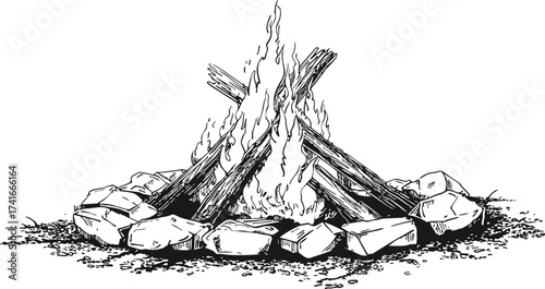 Campfire hand drawn vector sketch with burning logs and stone ring — stock vector