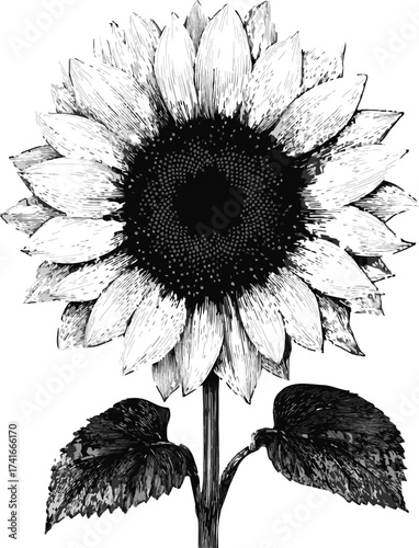 Sunflower black and white vector, hand drawn botanical sketch with detailed petals and leaves — stock vector