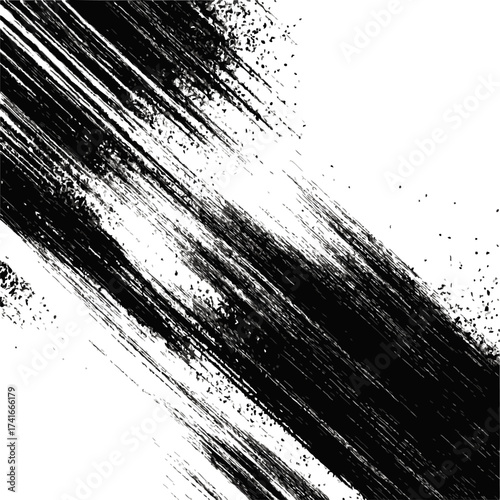 Black brush strokes vector, abstract diagonal grunge lines with splatter texture — stock vector