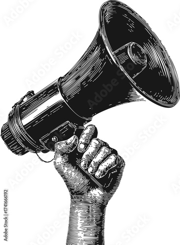 Megaphone hand drawn vector, vintage style hand holding loudspeaker sketch — stock vector