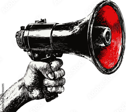 Megaphone vector hand drawn sketch style, human hand holding loudspeaker with red interior — stock vector